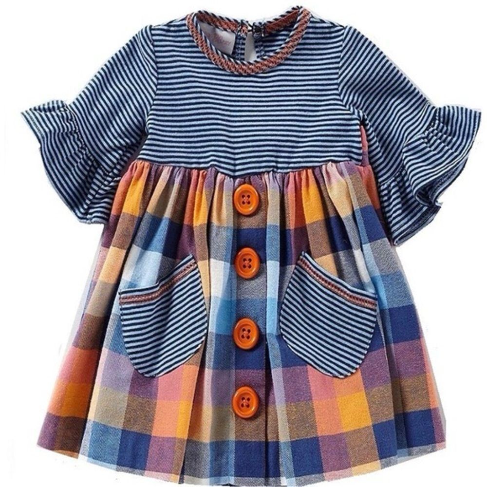 Bonnie Baby Girls Plaid Dress 12 Months Blue Orange Striped Ruffle Pocket Fall
